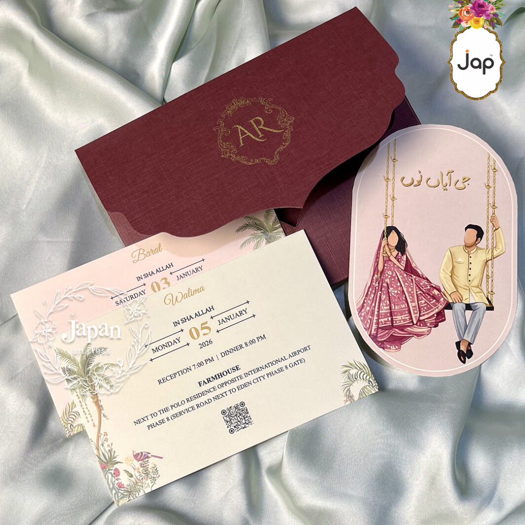 Maroon Pocket Couple Caricature Invitation