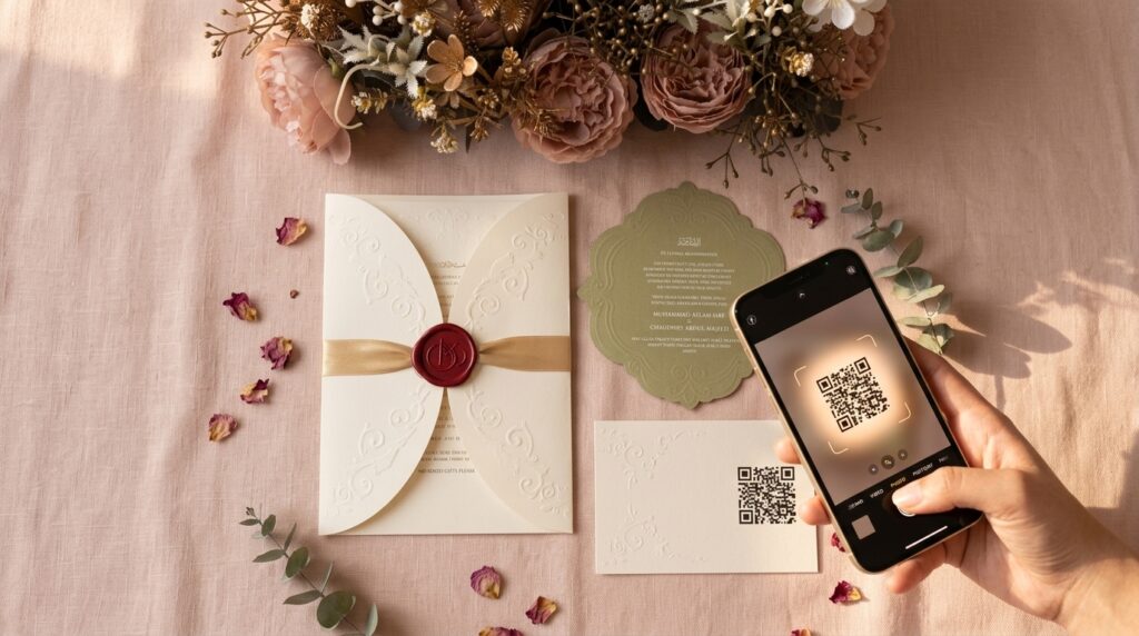 Wax seal and boxed wedding invitations each printed with a working QR code, framed by floral illustration accents