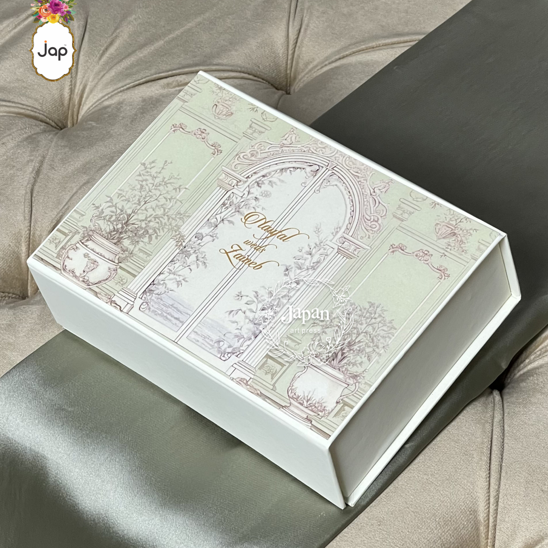 Sage Green Heritage Floral Wedding Box Card with an ornate architectural arch, botanical illustrations, and gold lettering.